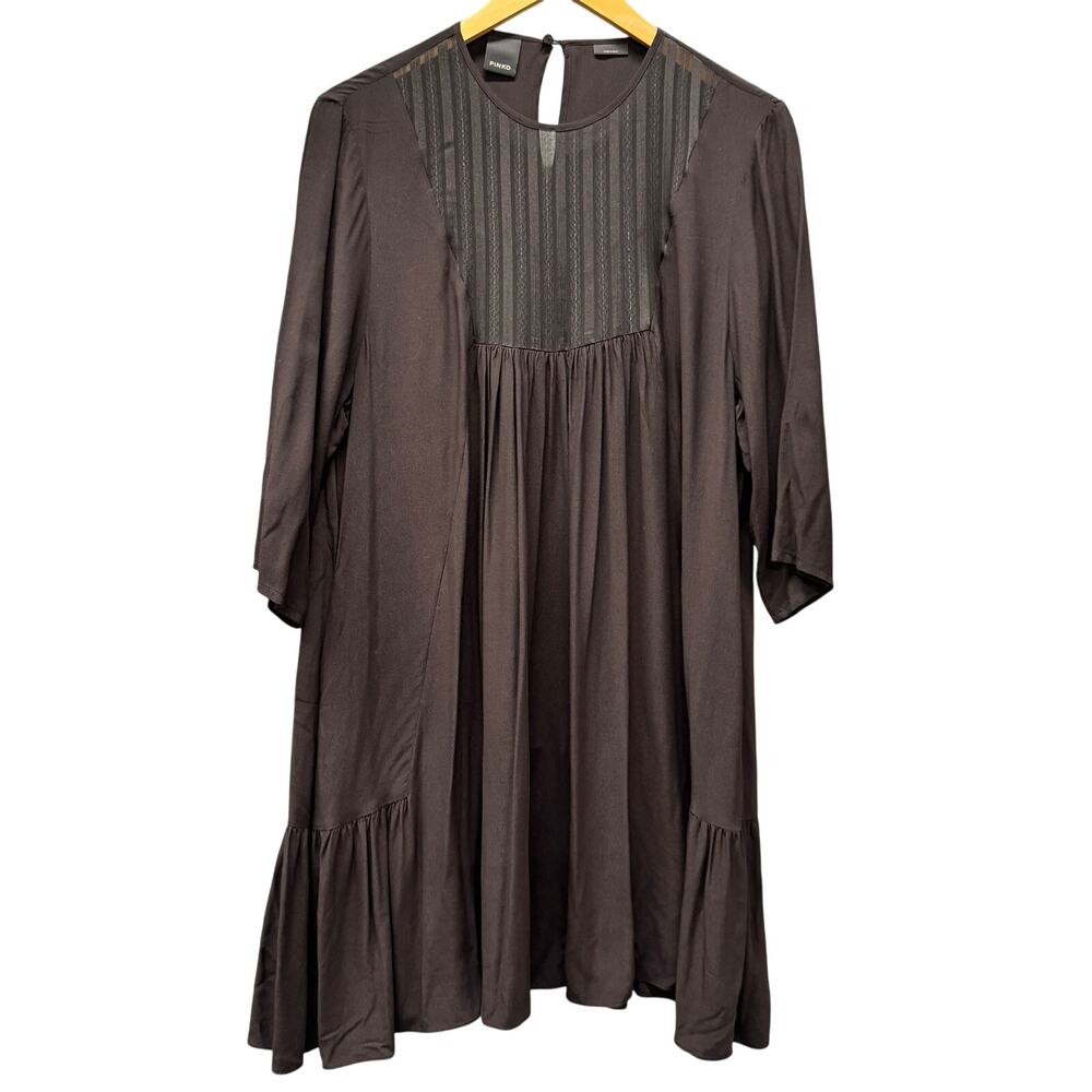 PINKO Dress Womens 10 Black 3/4 Sleeve Relaxed Fit Viscose + Pockets Italy